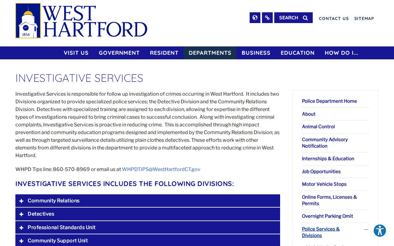 West Hartford Police Detective Division arrest warrant service responsibility