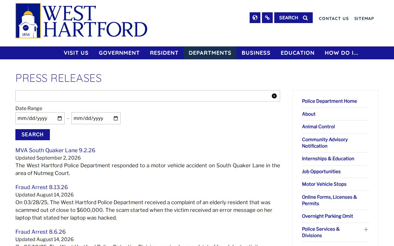 West Hartford County active warrant service notices in the WHPD press archive