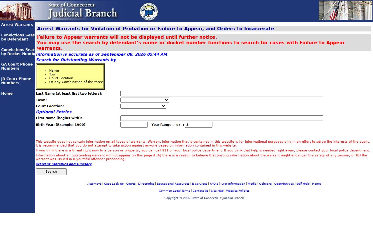 Connecticut partial FTA VOP and OTI search used for West Hartford County bench warrant checks