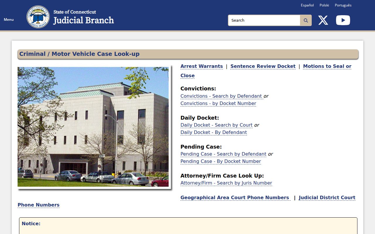 West Hartford County warrant search routes on the criminal and motor-vehicle lookup menu