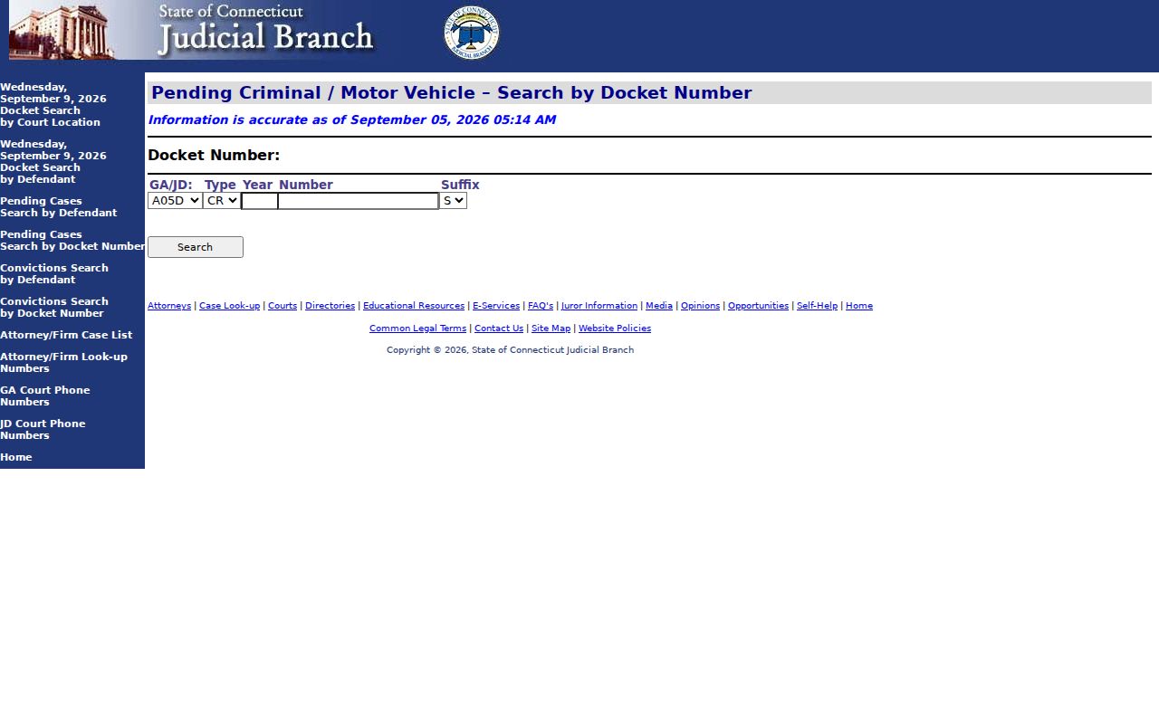 West Hartford County warrant docket lookup fields for court and case type