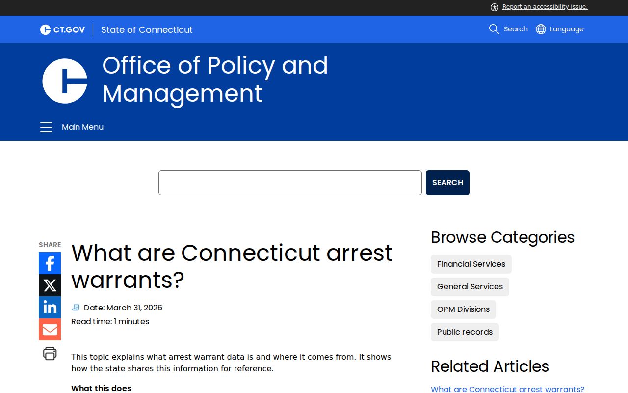 Connecticut agency role and data limits for West Hartford County arrest warrant information