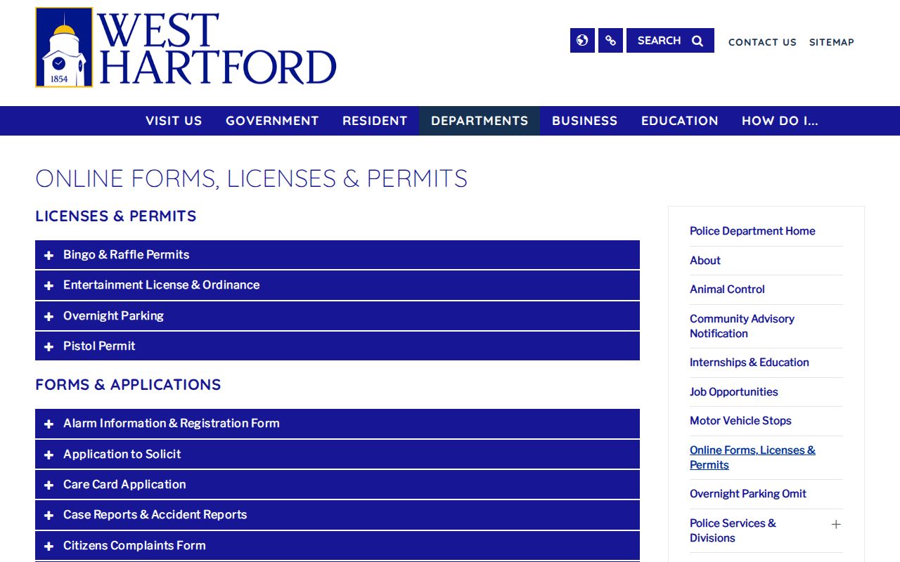 West Hartford County warrant records FOIA instructions on the police forms page