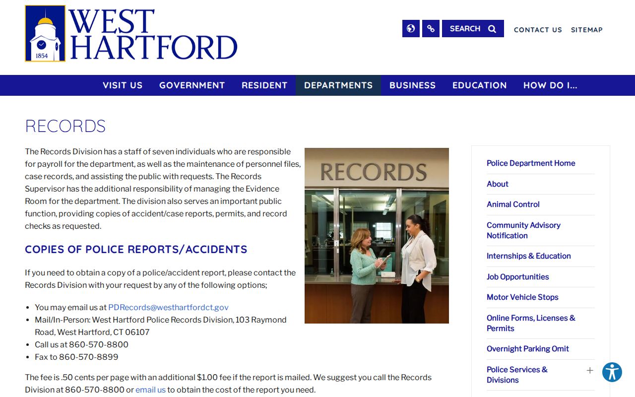 West Hartford warrant record request and Records Division contacts